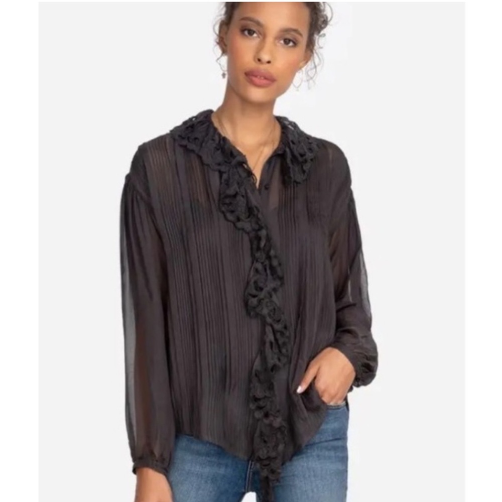 Johnny Was Leonis Pintucked Button Down Ruffled 100% Silk Blouse Shirt Sz XS